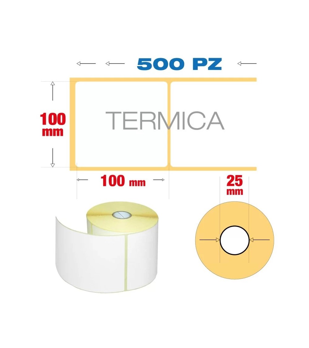 100 x 100 mm, f. 25 - Rotolo n° 500 etichette termiche adesive