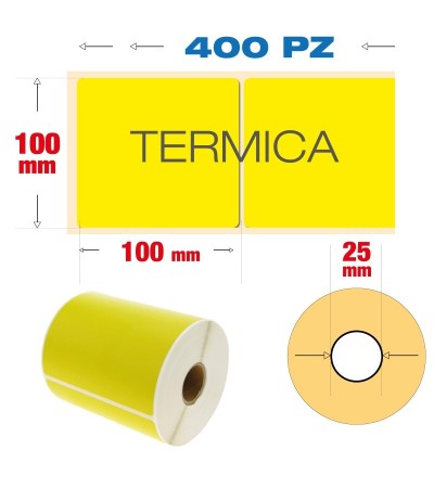 100 x 100 mm, f. 25 - Rotolo n° 400 etichette termiche adesive - Colore giallo