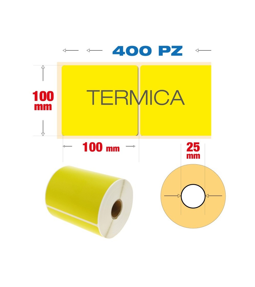 100 x 100 mm, f. 25 - Rotolo n° 400 etichette termiche adesive - Colore giallo