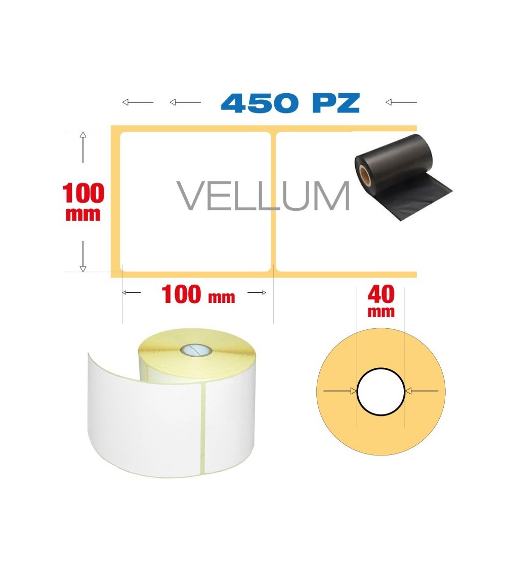 100 x 100 mm, f. 40 - Rotolo n° 450 etichette vellum adesive stampa con ribbon