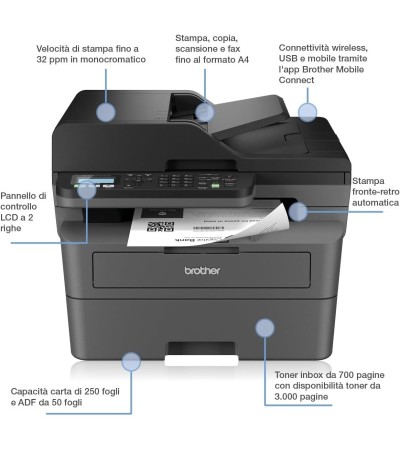 Stampante multifunzione MFC-L2800DW Brother A4 B/N wifi rete scan fronte-retro scansione